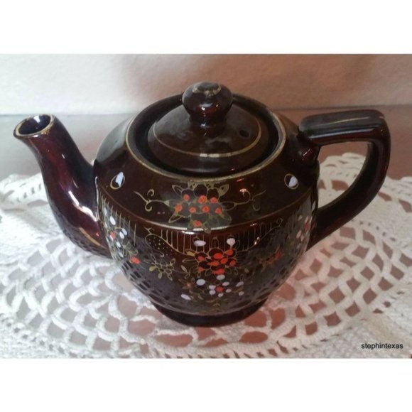 Antqiue Occupied Japan Teapot Brown Glazed Ceramic Hand Painted Flowers - Picture 5 of 12